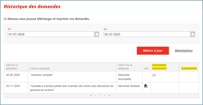 Documents manquants + commentaire